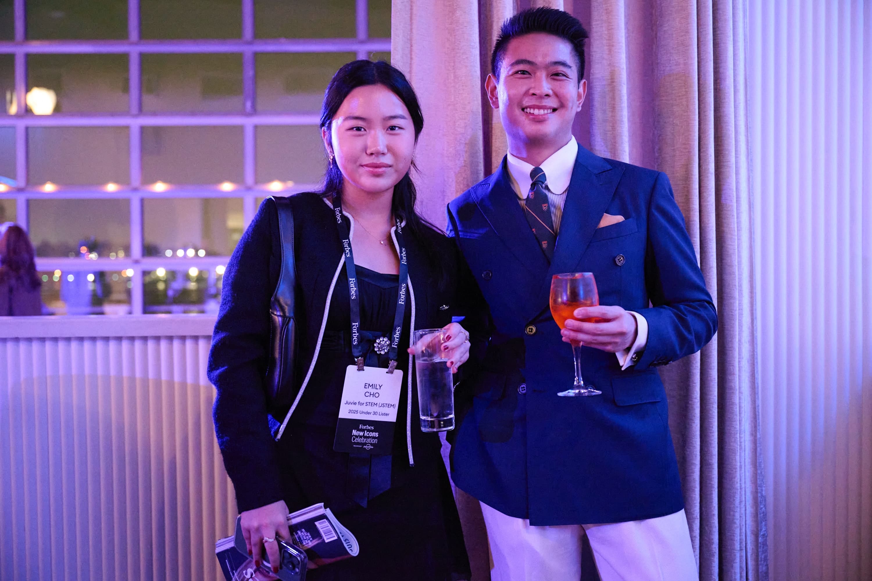Emily Cho at the Forbes New Icons Celebration wearing her JSTEM badge